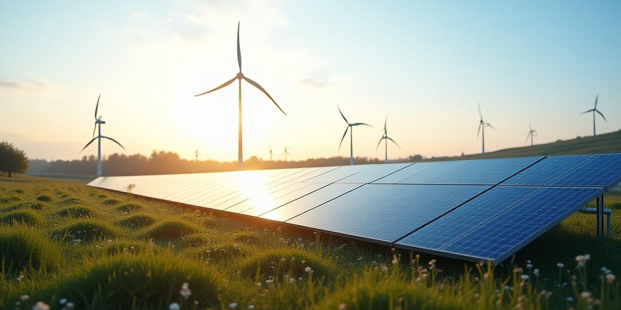 自然の中に溶け込む太陽光パネルと風車